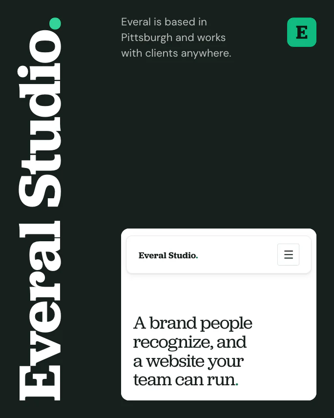 A dark Everal Studio poster: the wordmark runs up its left edge and the E monogram sits at the top right. The Everal Services page, at phone width, lies over its lower right corner.